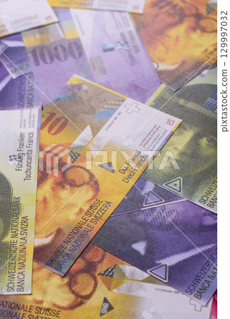 Swiss money, franc, paper banknotes, cash. Switzerland money 129997032