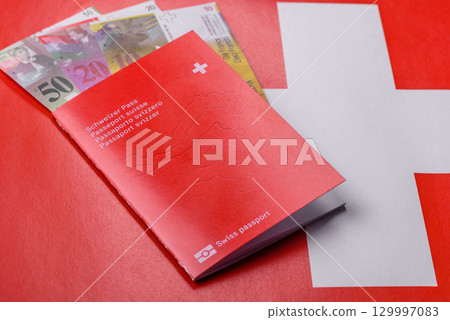 Swiss passport for travelling, flying and doing business. Switzerland document 129997083