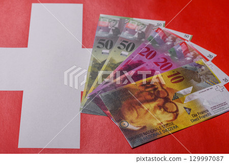 Swiss money, franc, paper banknotes, cash. Switzerland money 129997087