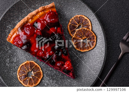 Pie, cheesecake with mascarpone, raspberries and blackberries. Cheesecake with cheese 129997106