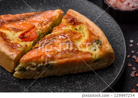 Quiche, salmon pie, broccoli, cheese. Quiche tart with fish and vegetables, cheese Quiche, salmon pie, broccoli, cheese. Quiche tart with fish and vegetables, cheese 129997254