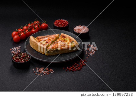 Quiche, salmon pie, broccoli, cheese. Quiche tart with fish and vegetables, cheese Quiche, salmon pie, broccoli, cheese. Quiche tart with fish and vegetables, cheese 129997258