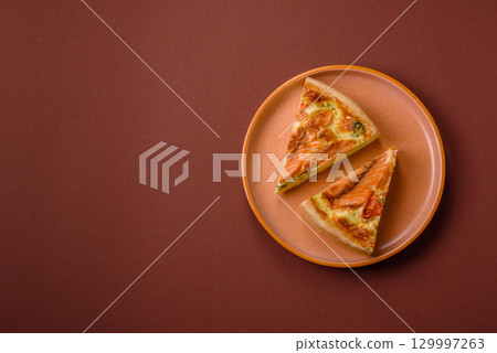 Quiche, salmon pie, broccoli, cheese. Quiche tart with fish and vegetables, cheese 129997263