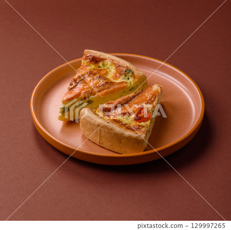 Quiche, salmon pie, broccoli, cheese. Quiche tart with fish and vegetables, cheese 129997265