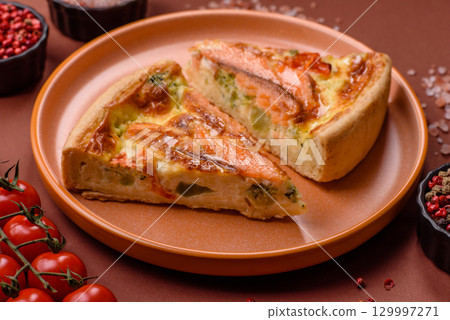 Quiche, salmon pie, broccoli, cheese. Quiche tart with fish and vegetables, cheese Quiche, salmon pie, broccoli, cheese. Quiche tart with fish and vegetables, cheese 129997271