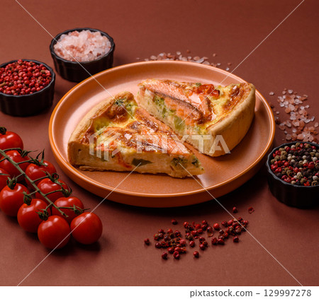 Quiche, salmon pie, broccoli, cheese. Quiche tart with fish and vegetables, cheese 129997278
