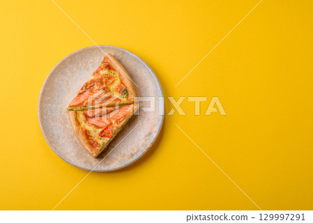 Quiche, salmon pie, broccoli, cheese. Quiche tart with fish and vegetables, cheese 129997291
