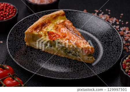 Quiche, salmon pie, broccoli, cheese. Quiche tart with fish and vegetables, cheese Quiche, salmon pie, broccoli, cheese. Quiche tart with fish and vegetables, cheese 129997301
