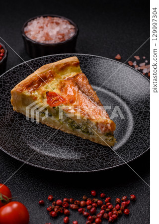 Quiche, salmon pie, broccoli, cheese. Quiche tart with fish and vegetables, cheese Quiche, salmon pie, broccoli, cheese. Quiche tart with fish and vegetables, cheese 129997304