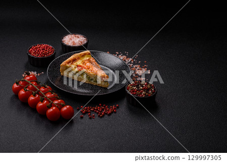 Quiche, salmon pie, broccoli, cheese. Quiche tart with fish and vegetables, cheese Quiche, salmon pie, broccoli, cheese. Quiche tart with fish and vegetables, cheese 129997305