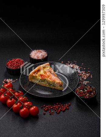 Quiche, salmon pie, broccoli, cheese. Quiche tart with fish and vegetables, cheese 129997309