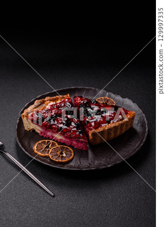 Pie, cheesecake with mascarpone, raspberries and blackberries. Cheesecake with cheese Pie, cheesecake with mascarpone, raspberries and blackberries. Cheesecake with cheese 129997335