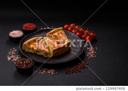 Quiche, salmon pie, broccoli, cheese. Quiche tart with fish and vegetables, cheese Quiche, salmon pie, broccoli, cheese. Quiche tart with fish and vegetables, cheese 129997408