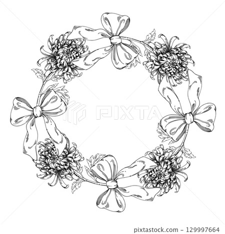 Wreath of chrysanthemums and bows. Wreath of vector ink styled orange chrysanthemums Wreath of chrysanthemums and bows. Wreath of vector ink styled orange chrysanthemums 129997664
