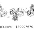 Seamless border of bouquet of chrysanthemums with a bow. For packaging design, cards, cover, prints, product labels and fabric. 129997670