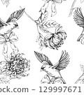 Seamless pattern of chrysanthemums and birds. For packaging design, cards, cover, prints, product labels and fabric. 129997671