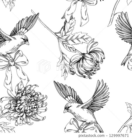 Seamless pattern of chrysanthemums and birds. For packaging design, cards, cover, prints, product labels and fabric. 129997671