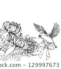 Corner frame with chrysantemums and bird. For packaging design, cards, cover, prints, product labels and fabric. 129997673