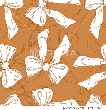 Seamlesss pattern of bows on a orange background. For packaging design, cards, cover, prints, product labels and fabric. 129997675