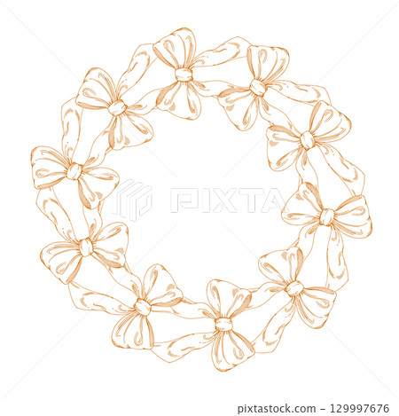 Wreath of bows. Handmade ink illustration of bows. For packaging design, cards, cover, prints, product labels and fabric. 129997676