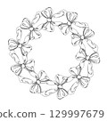 Wreath of bows. Handmade ink illustration of bows. For packaging design, cards, cover, prints, product labels and fabric. 129997679