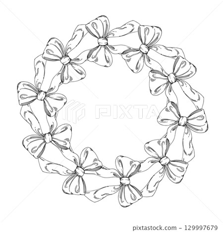 Wreath of bows. Handmade ink illustration of bows. For packaging design, cards, cover, prints, product labels and fabric. 129997679