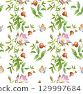 Seamless pattern of rosehip and butterfly. Handmade watercolor art work. For packaging design, cards, cover, prints, product labels and fabric. 129997684