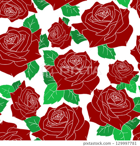 seamless pattern of large red rose flowers with leaves on a white background, texture, design 129997781