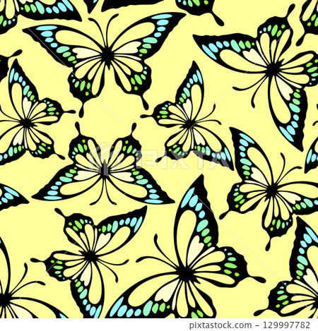 seamless pattern of bright colored butterflies on a yellow background, texture, design 129997782
