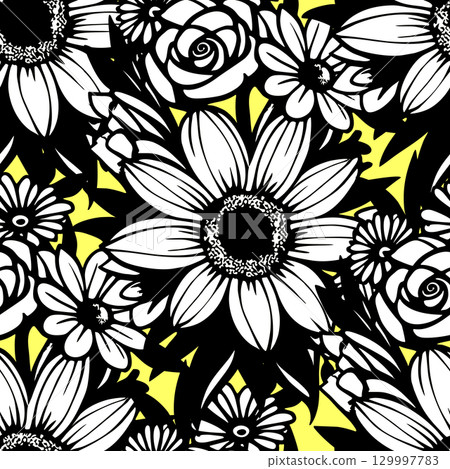 seamless pattern of black and white flowers on a yellow background, texture, design 129997783