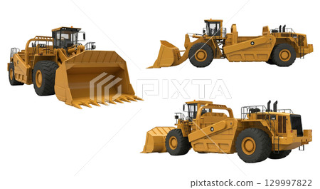 A powerful yellow soil scraper sits isolated with its large bowl ready for carrying soil. This heavy machinery is essential for construction and excavation projects in various terrains. 129997822