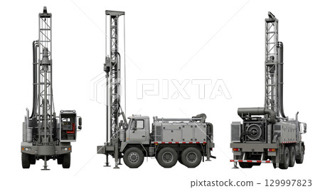 Large truck-mounted drilling rig is prepared for water well projects, featuring a vertical mast to facilitate deep drilling. Ideal for construction or rural water supply needs. 129997823