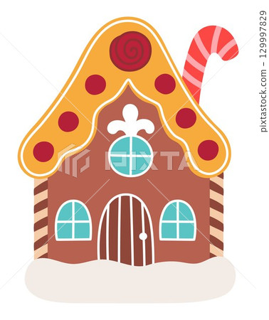 Vector cartoon gingerbread man house decorated with candy cane, sweets, icing. Cute Christmas ginger cookie home illustration isolated on white background. New Year or winter holiday cottage icon 129997829