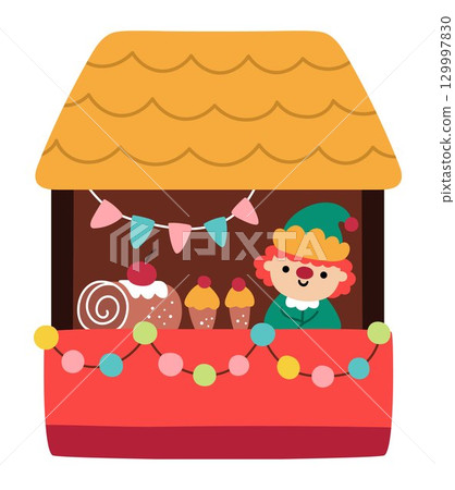 Christmas fair stand with elf selling sweets, pudding, cupcakes. Santa Claus market stall decorated with flags and ornament. New Year winter vending tent or mobile bakery shop illustration for kids 129997830