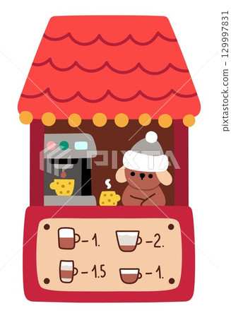 Christmas fair stand with dog selling hot drinks, tea, cacao. Santa Claus market stall with animal barista. New Year winter vending tent or mobile coffee shop illustration for kids 129997831