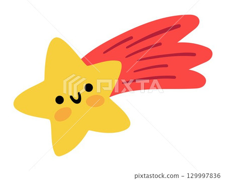 Vector smiling falling star clipart. Cute Christmas or winter cartoon character illustration isolated on white background. New Year sky shooting planet. Funny cartoon holiday icon Vector smiling falling star clipart. Cute Christmas or winter cartoon character illustration isolated on white background. New Year sky shooting planet. Funny cartoon holiday icon 129997836