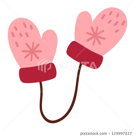 Vector pink pair of mittens on string. Cute Christmas hand clothes illustration isolated on white background. New Year or winter warm glove with snowflake. Funny cartoon holiday icon 129997837