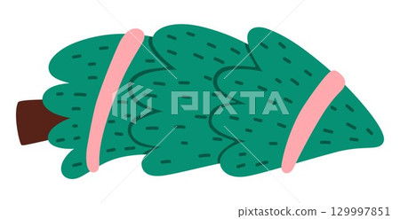 Vector cartoon Christmas tree clipart lying horizontally with ropes ready for transportation. Cute new year symbol illustration for kids. Winter holiday fir or spruce plant icon isolated on white 129997851
