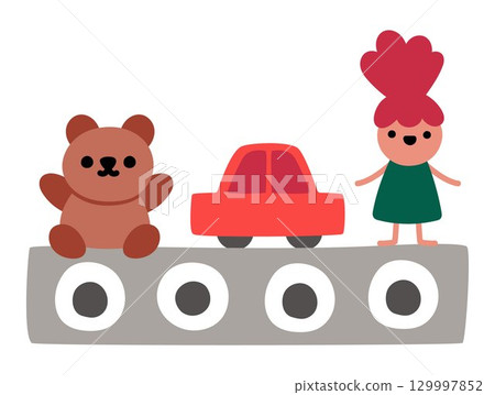 Vector conveyor belt with toys. Santa Claus toy factory element with teddy bear, car, doll isolated on white background. Cute Christmas or New Year plant illustration for kids 129997852