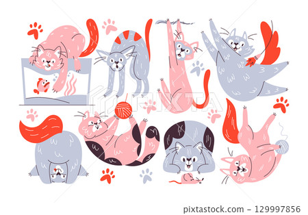 Active cats colorful hand drawn charming pets playful animal whimsical characters collection Active cats colorful hand drawn charming pets playful animal whimsical characters collection 129997856