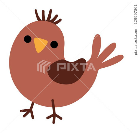 Vector cartoon brown bird pecking seeds. Christmas animal clipart. Cute new year bird illustration for kids. Winter holiday icon isolated on white Vector cartoon brown bird pecking seeds. Christmas animal clipart. Cute new year bird illustration for kids. Winter holiday icon isolated on white 129997861