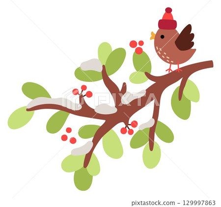 Vector cartoon brown bird sitting on snow covered twig with berries and leaves. Christmas animal clipart. Cute new year bird illustration for kids. Winter holiday icon isolated on white Vector cartoon brown bird sitting on snow covered twig with berries and leaves. Christmas animal clipart. Cute new year bird illustration for kids. Winter holiday icon isolated on white 129997863