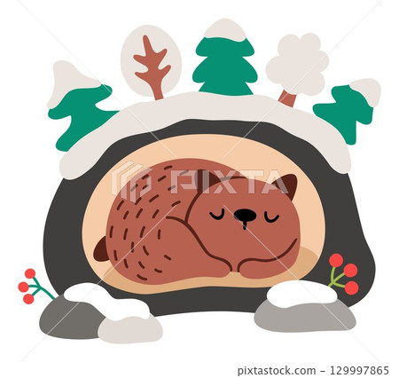 Vector cartoon brown bear sleeping in den covered with snow and trees. Christmas dreaming animal clipart. Cute new year symbol illustration for kids. Winter holiday icon isolated on white 129997865
