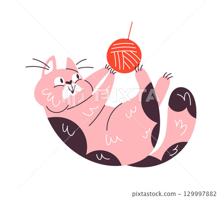 Comic cat playing thread ball 129997882