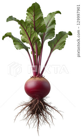 Beetroot plant with rich purple-red roots and lush green leaves is isolated on a transparent background, emphasizing its unique structure and color. Perfect for educational and culinary purposes. 129997901