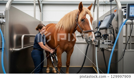 A mare horse stands calmly in a specialized milking stall designed for koumiss production. Its posture indicates comfort as the milking process occurs in a serene environment. 129997909