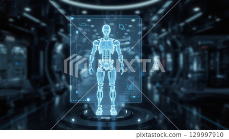 A detailed hologram of a lifelike robot displayed mid-air in a sleek high-tech environment, surrounded by futuristic digital elements and glowing blue light. 129997910