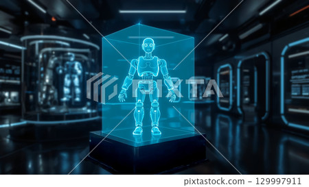 A 3D holographic image of a robot glowing in soft blue, floating in a sleek futuristic space filled with advanced digital interfaces and modern sci-fi aesthetics. A 3D holographic image of a robot glowing in soft blue, floating in a sleek futuristic space filled with advanced digital interfaces and modern sci-fi aesthetics. 129997911
