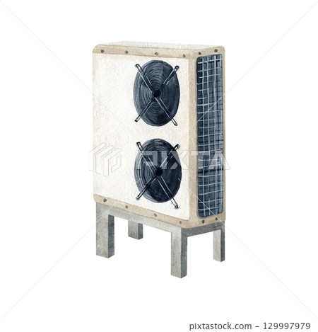 Inverter heat pumps for heating of homes. Alternative air source generator energy isolated watercolor illustration. Renewable green energetic resource. For web sites design, environmental protection Inverter heat pumps for heating of homes. Alternative air source generator energy isolated watercolor illustration. Renewable green energetic resource. For web sites design, environmental protection 129997979
