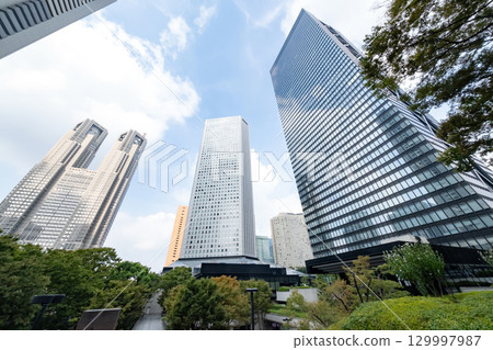 A view of an office district with street trees and skyscrapers 129997987